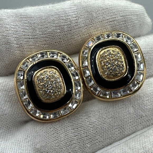 Vintage CHRISTIAN DIOR Black Enamel And Pave Rhinestone Earrings Clip On #542 - Picture 2 of 5